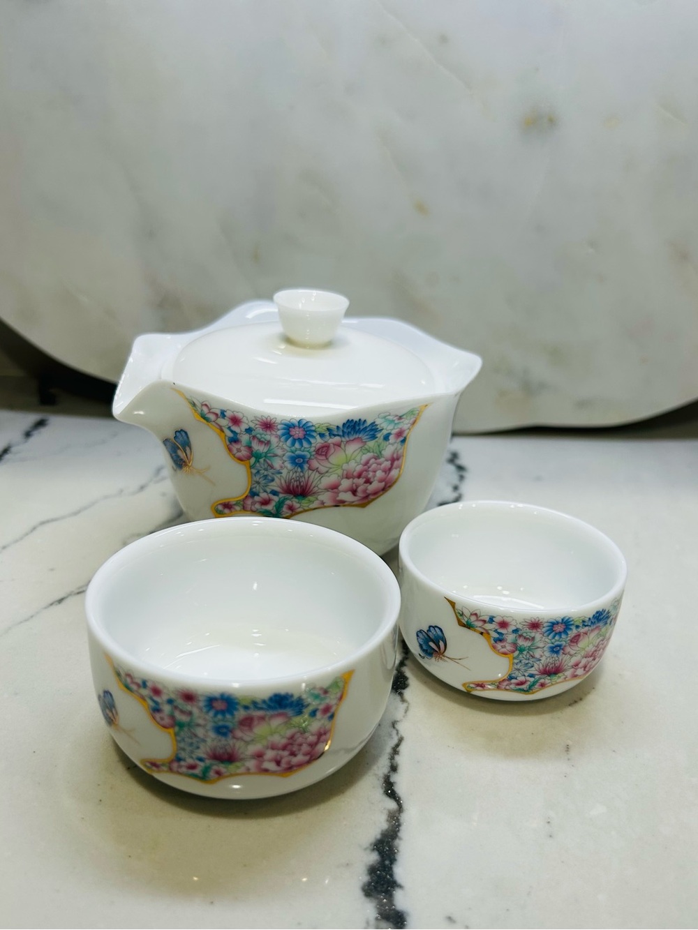 Porcelain Floral Tea Set - White with Multicolor Floral Accents